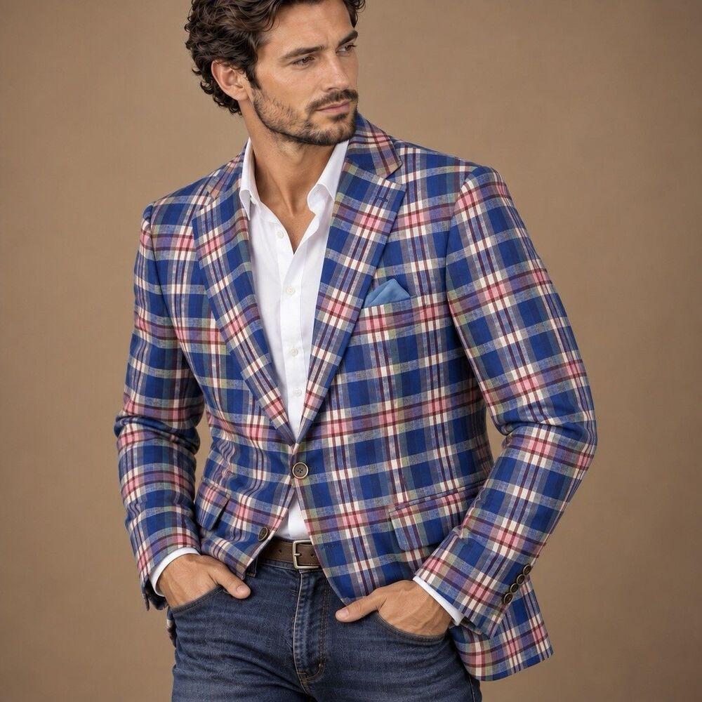 Tallia Vago Mens 42L 100% Linen Blazer Royal Blue Plaid Sport Coat NWT